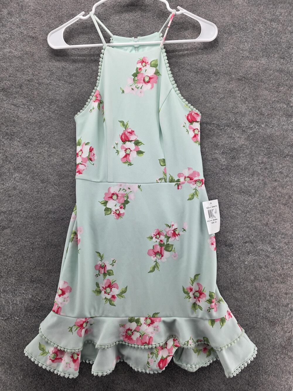 B. Darlin Dress Girls 4 Green Floral Halter Sundress Lined Ruffle Knee Length